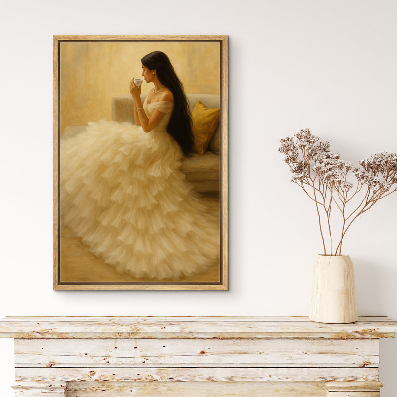 «Serene Woman Tea Moment Soft Neutral Interior Scene», reproduction d'art sur toile encadrée, H 36 po x l 24 po x P 1,5 po
