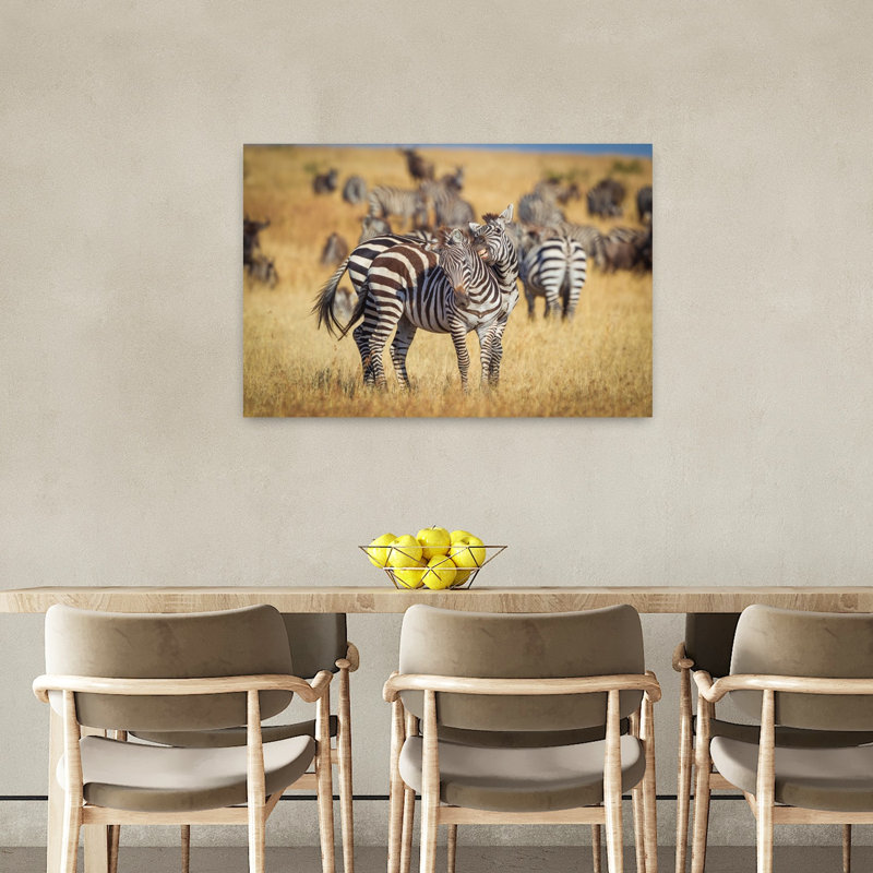 Nuzzling Zebras In Savanna Playful Contemporary Zebra Nature Wildlife Wall Art Print by Jeffrey C. Sink - 1 Piece Wrapped Canvas Wall Art