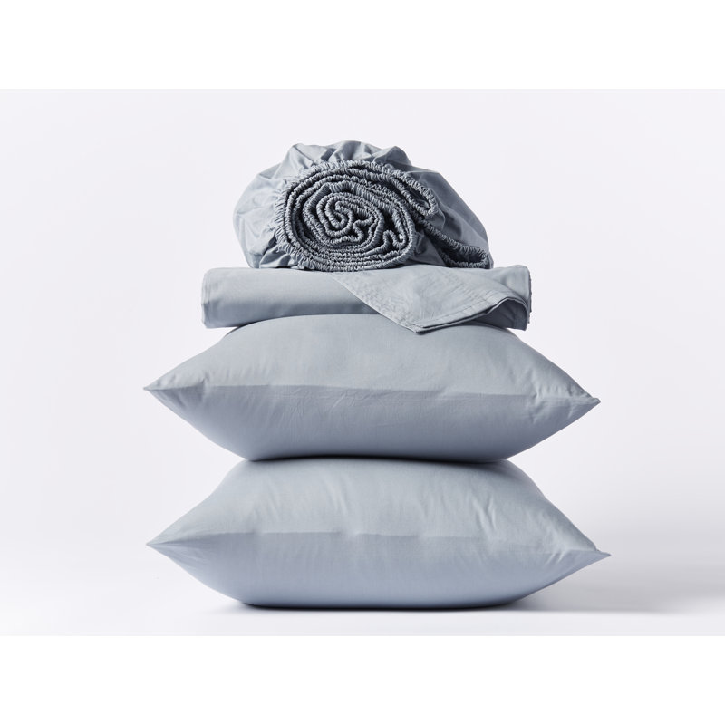 Ensemble de draps en percale organique froissé, Ensemble de draps pour lit double avec 2 taies d'o, Bleu acier