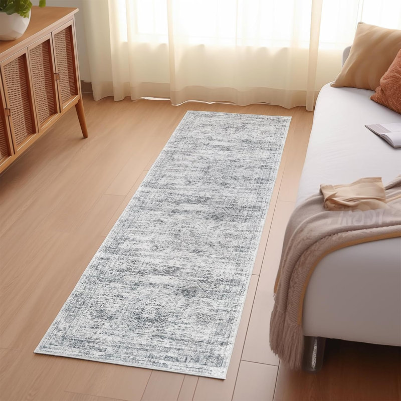 Tapis de couloir de cuisine doux antidérapant, Tapis de couloir 2 pi x 8 pi, Gris / Ivoire