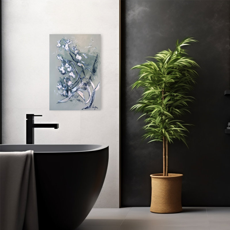 Abstrait, fleurs blanches abstraites, contemporain, délicat, cheval, fleur, art mural, 24" H x 16" W