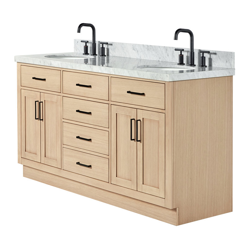 Thornaby 66'' Solid Wood Double Bathroom Vanity with 1.5'' Carrara Marble Top, Natural Oak / Matte Black, Oval