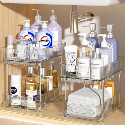 2 Pack Bathroom Under Sink Organizers And Storage, Snap-lock Pull Out Bathroom Medicine Cabinet Organizer,multi-purpose Kitchen Pantry Organizer And Storage With Movable Divider