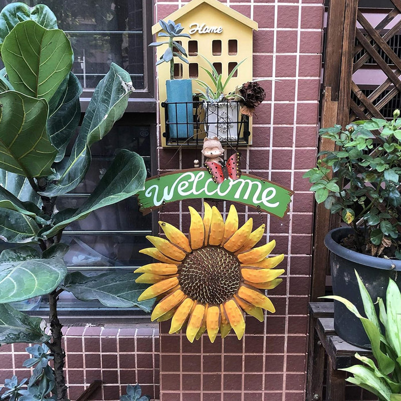 12x15 Vintage Outdoor Welcome Sign with Sunflower & Butterfly - Weather-Resistant Hanging Door Decor for Porch, Garden, Patio