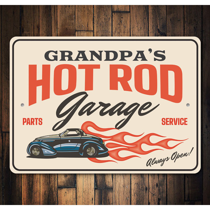 Enseigne en aluminium «Hot Rod Garage Always Open Pièces and Service», H 10 po x l 14 po x P 0,04 po