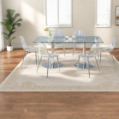 Spacious Glass Dining Table Set, Silver Metal Elegance, Modern American Style