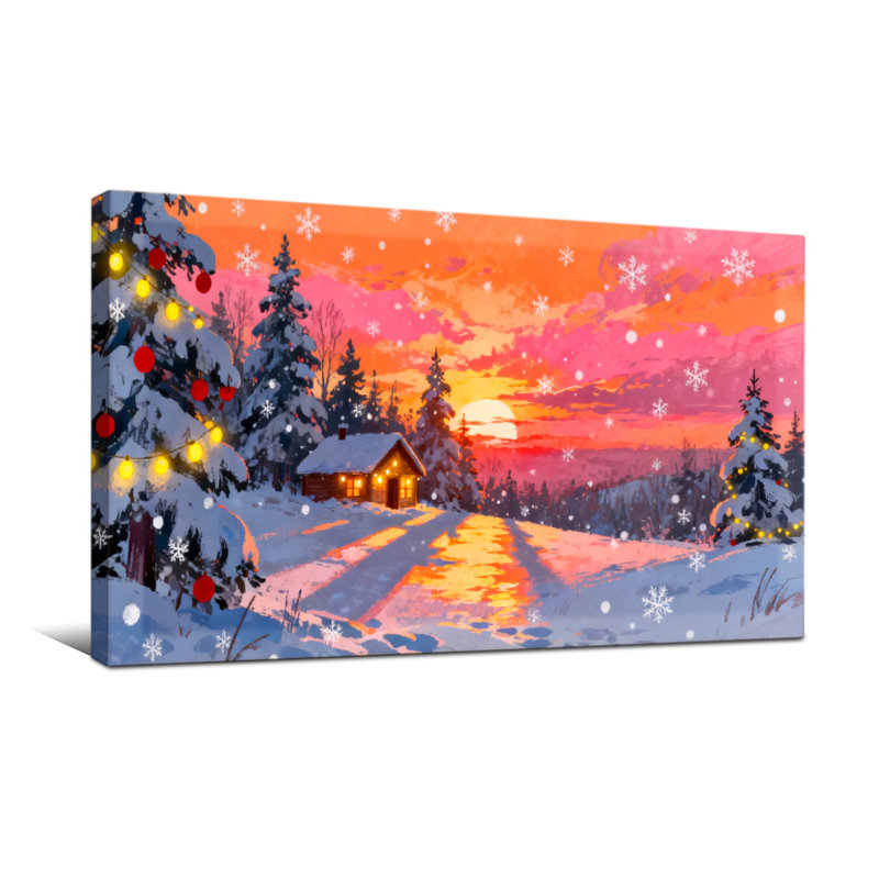 Noël, hiver, coucher de soleil, chalet, flocons de neige, lumières de Noël, arbres, H 20 po x l 40 po