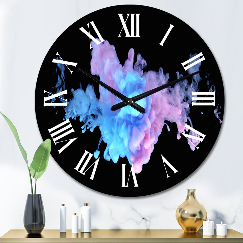 Mauve et bleu nuages d'encre sur fond noir - horloge murale moderne, Grand