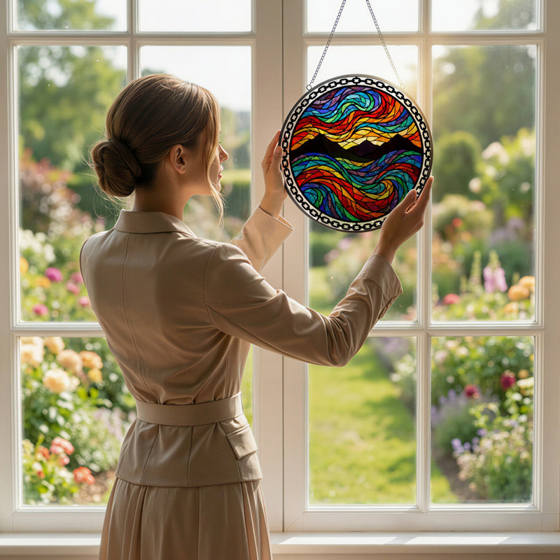 Panneau de vitrail en verre coloré 7,8 "H Rainbow Waves, H 7,8 po x l 7,8 po