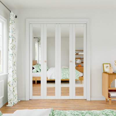 Mirrored Glass White Primed Solid Core Bi-Fold Closet Door With Hardware Kit