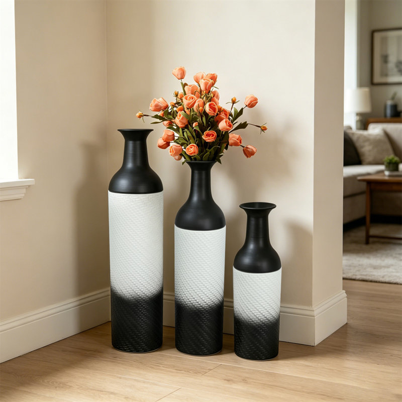 Ensemble de 3 vases décoratifs en métal, vases de sol à motif de feuilles noires, grands vases noirs et blancs pour la décoration intérieure, salon, hall d'entrée