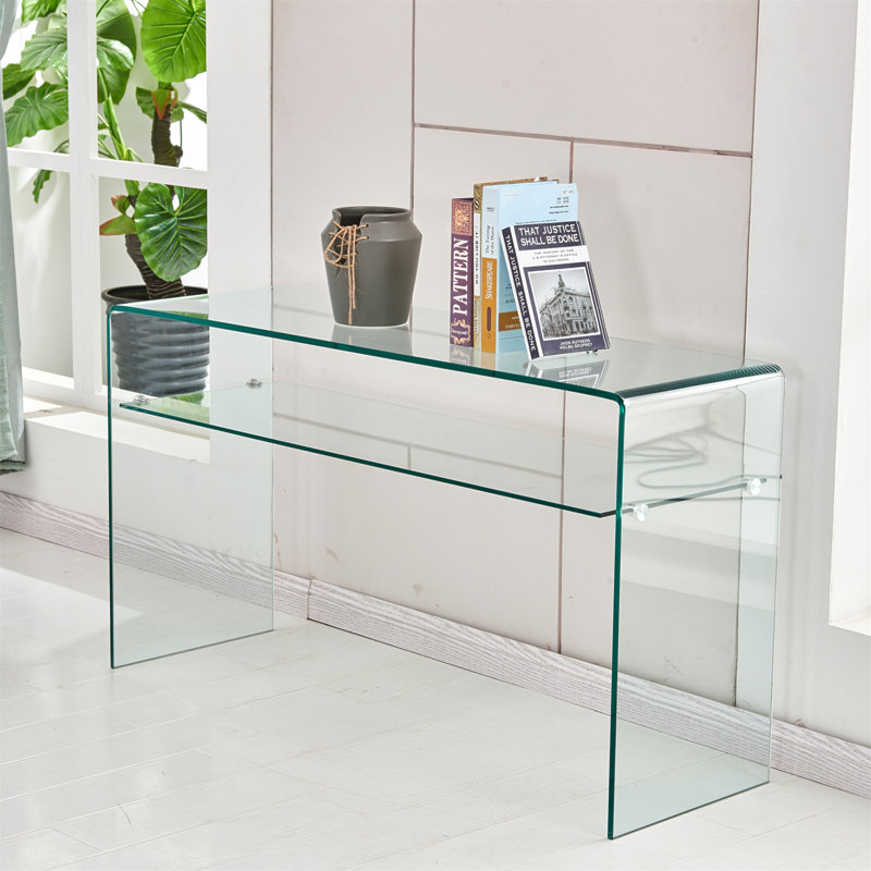 Console transparente en verre trempé avec bords arrondis, idéale pour les espaces de vie modernes et spacieux