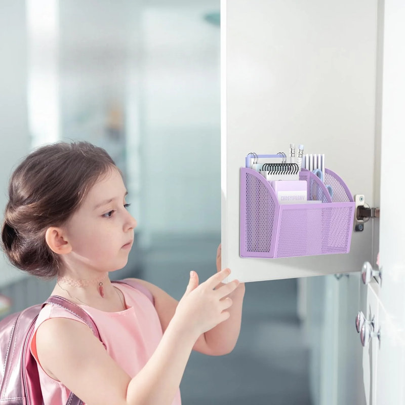 Boîte de rangement magnétique à 3 grilles avec porte-stylo, panier d'organisation magnétique en métal, Mauve