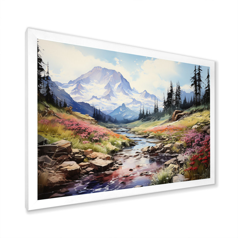 " Mountains Mountains In Bloom ", Cadre simple blanc, H 24 po x l 32 po x P 1 po