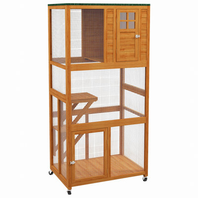 74" Wooden Outdoor Cat House Weatherproof & Wheeled, Catio Outdoor Cat Enclosure With High Weight Capacity, Kitten Cage Condo