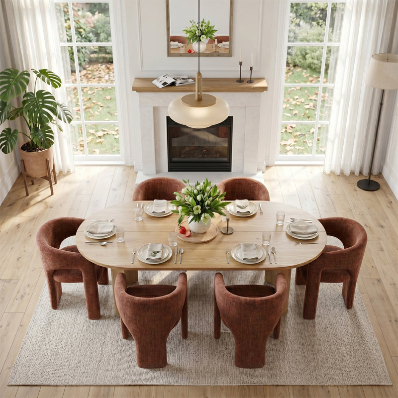 Ensemble de salle à manger 7 pièces moderne avec table à piédestal ovale en chêne 79 po et 6 chaises sculpturales à accoudoirs larges