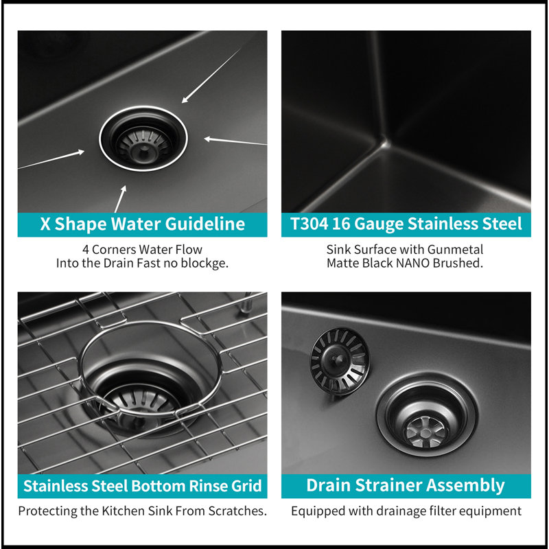 15"X 17"X 10" Undermount Singel Bowl Kitchen Basin 16 Gauge Stainless Steel With 10 Inch Deep, Gunmetal Black