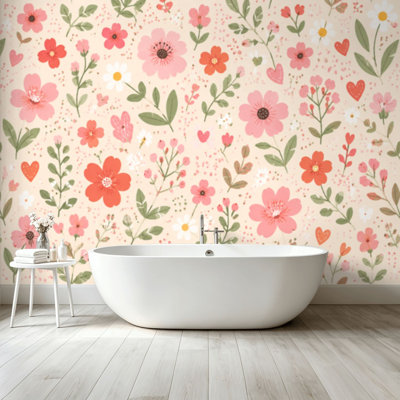 Papier peint adhésif pelez et collez, mignon, cœur floral, fleurs pastel sans soudure, feuilles, art mural beige, auto-adhésif et amovible