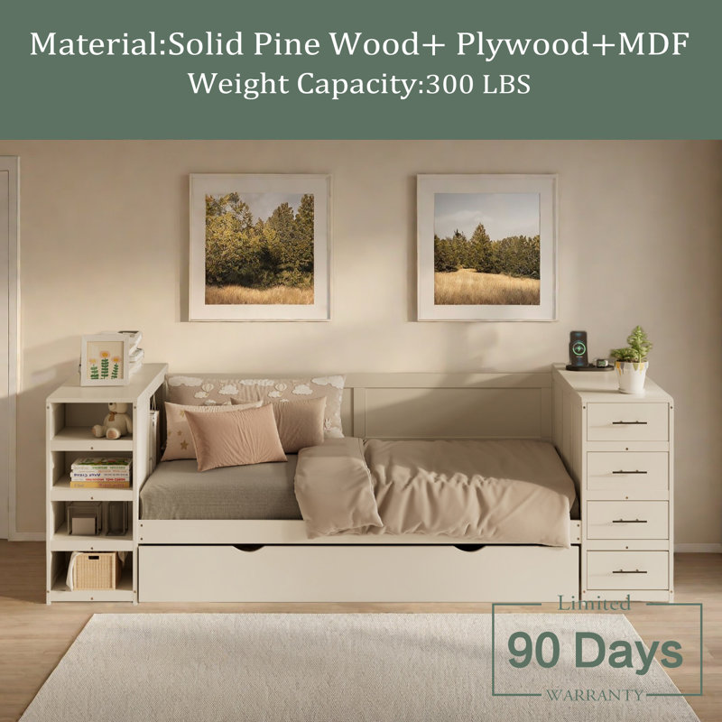 Lit de jour simple en bois avec tablettes latérales et tiroirs, lit de rangement avec bureau multifonctionnel et station de charge pour chambre à coucher, chambre d'amis