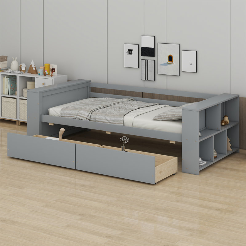 Lit de jour avec tablettes et tiroirs, Gris