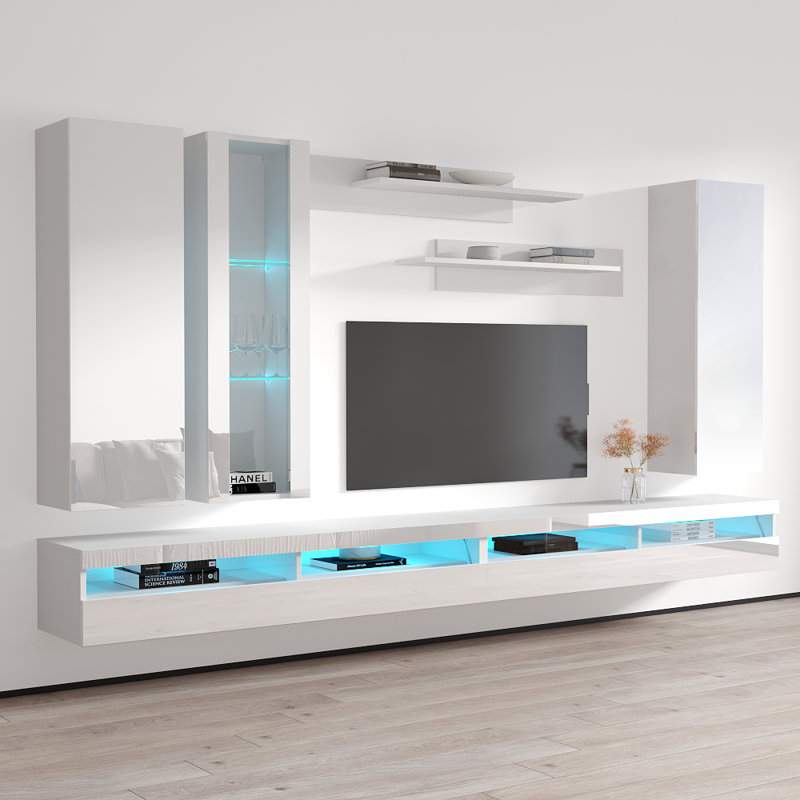 126" Modern Floating Wall Mounted Entertainment Center with 16-Color LED Lighting, High Gloss Finish, White