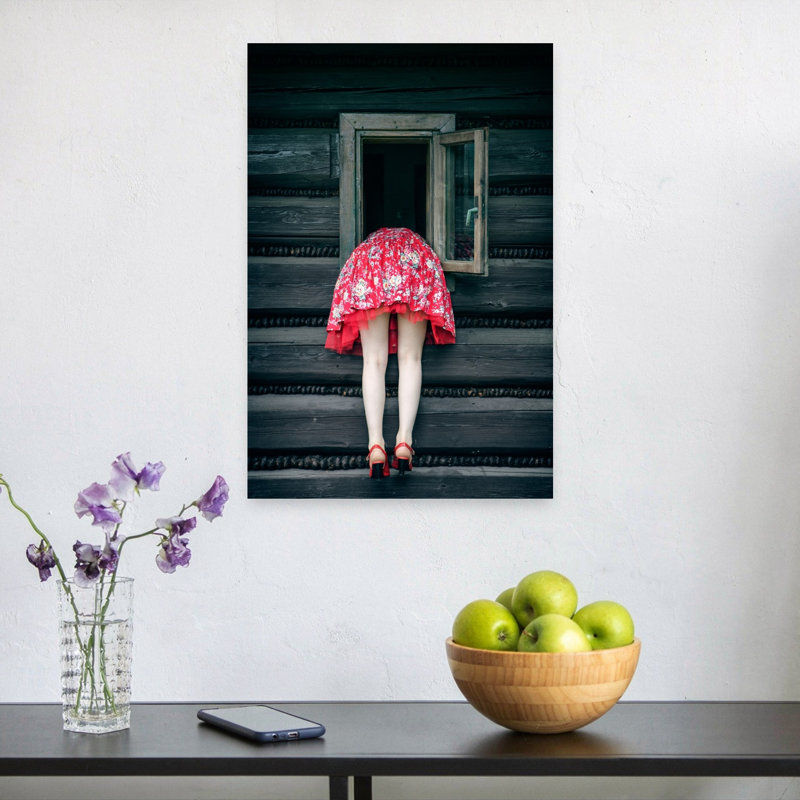 «Red Dress Curiosity Rustic Vintage Whimsical Architecture», art mural, 24" H x 16" W