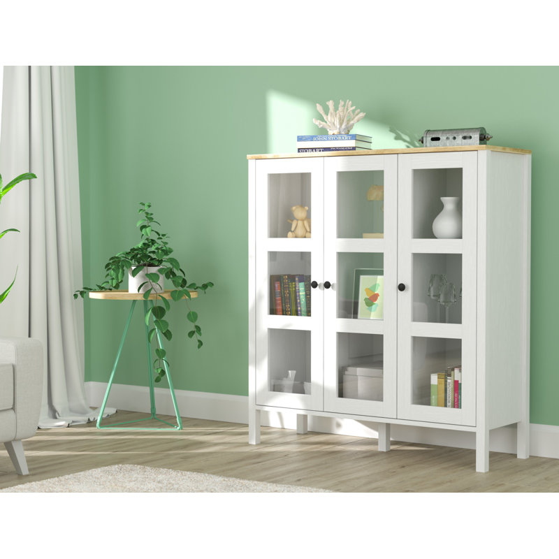 Modern Scandinavian Bookshelf with Metal Handles, White & Wood Finish, 44.1 x 48.4 x 15.7 inches | 100% Melamine Coated Particle Board, 0.7 in Thickness | Features Multiple Shelves & Wall-Mountable Design