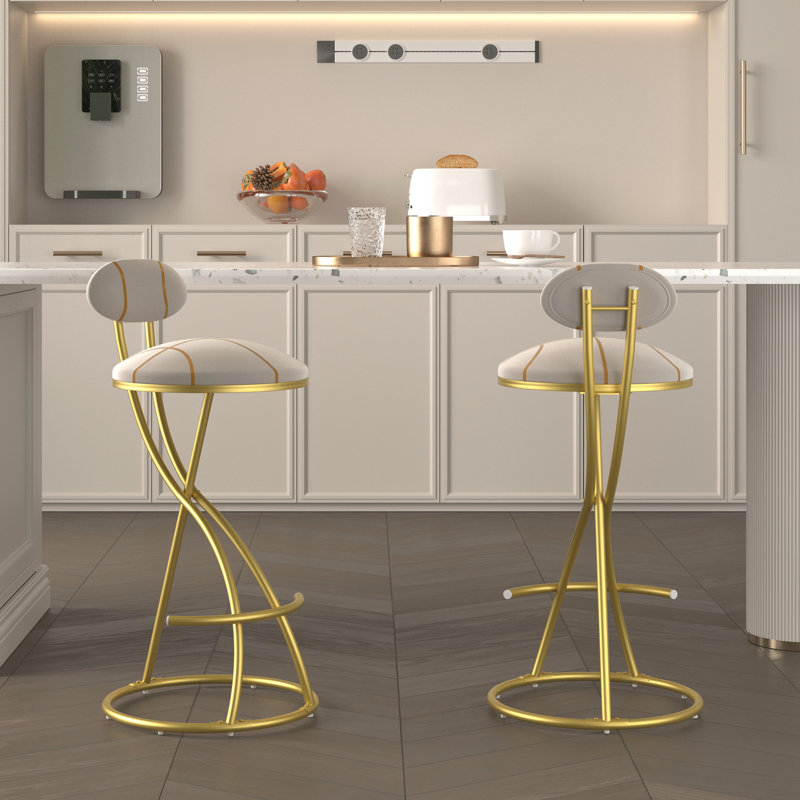 Ensemble de 2 tabourets de bar rembourrés en forme de S, Beige, Doré