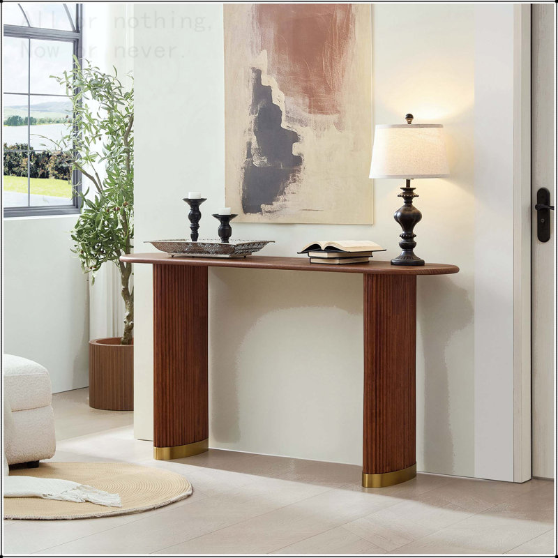 Modern Console Table with Stainless Steel Legs and Oval Design, Brown