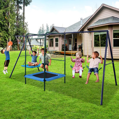 Backyard 4 In 1 Multicolor Steel Swing - Belt, , Trampoline, Basket Rim Safe Play With Strong A Frame, Stable Carabiners, Adjustable Ropes And Easy Assembly Guide Featuring Swing, Heavy Quick