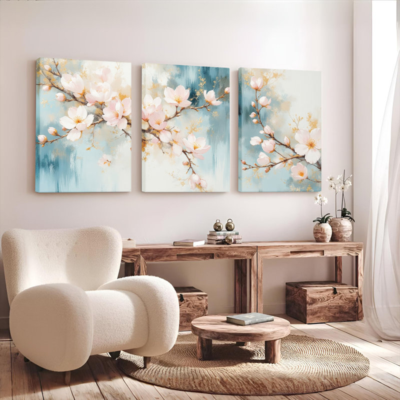 Tableau mural sur toile à motif floral de fleurs de cerisier (lot de 3), H 24 po x l 48 po