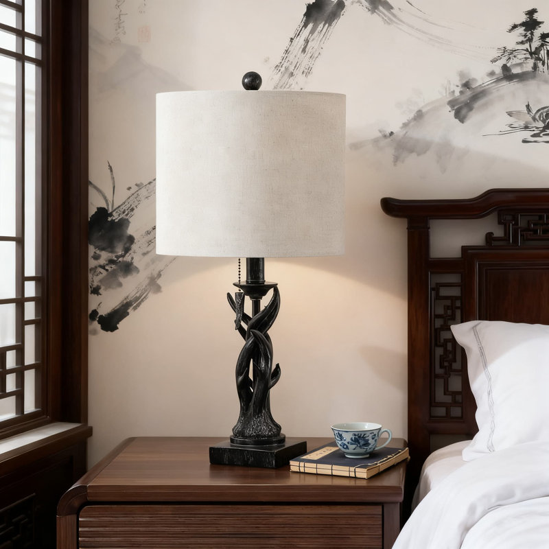 Lampe de table en bois avec abat-jour en lin et ampoule à DEL intégrée pour le salon, la chambre à coucher et l'éclairage de bureau