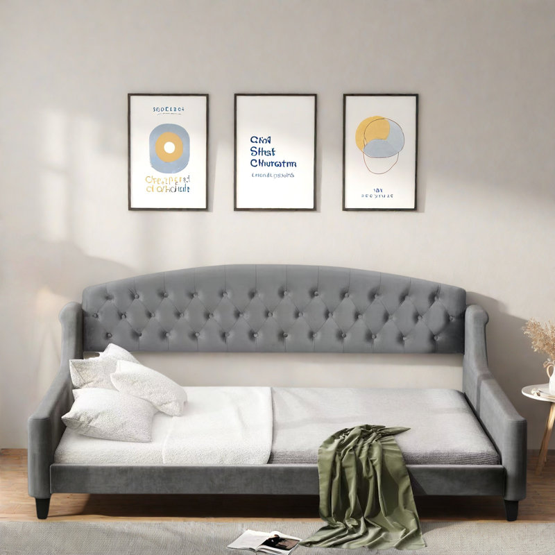 Modern Daybed With Tufted Button And Solid Legs, Grey