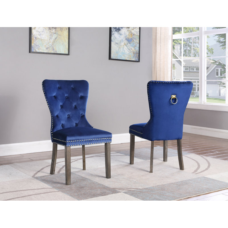 Thame 5'' H Tufted Upholstered Side Chair, Velvet Navy Blue, Walnut