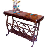 Modern Rustic Farm House Raw Mesquite With Turquoise Inlay And Wrought Iron Magazine Table