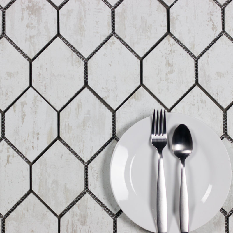 Tuscan Design 4" x 5" Glass Honeycomb Mosaic Wall Tile, Birchwood White, White, Gray