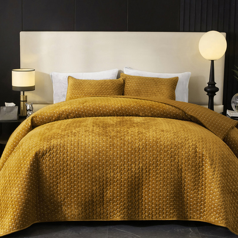 Gold Caramel Velvet Queen Quilt Set with Pillow Shams