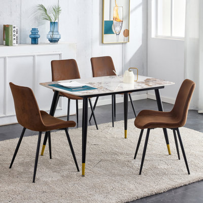 Modern Sintered Stone Dining Table Set With Metal Legs, Brown Fabric Chairs, Ideal For Home Dining