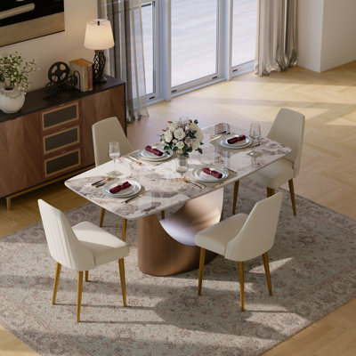 Modern Dining Room Sets, Pre-Assembly Rectangular Dining Table Sets, Sintered Stone Tabletop Kitchen Dining Table Set With Upholstered PU Leather Chairs