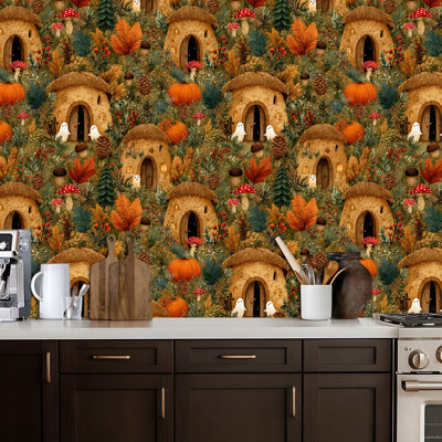 Papier peint auto-adhésif fantaisiste à motif de citrouilles fantaisistes d'automne avec bois auto-adhésif 24 po x 118 po (60 x 300 cm)