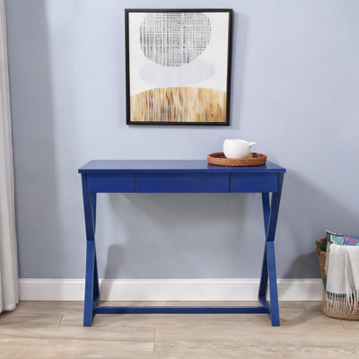 Bureau d'écriture avec tiroir pour bureau personnel, panneau de fibres à densité moyenne bleu foncé et bois massif, base rectangulaire en X de 42,5 pouces