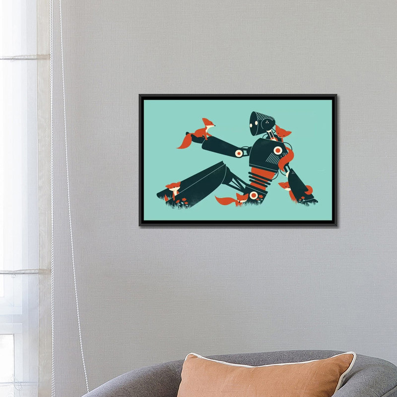 «Foxes And Robot» par Jay Fleck - reproduction sur toile tendue, H 18 po x l 26 po x P 1,5 po, Toile avec cadre noir