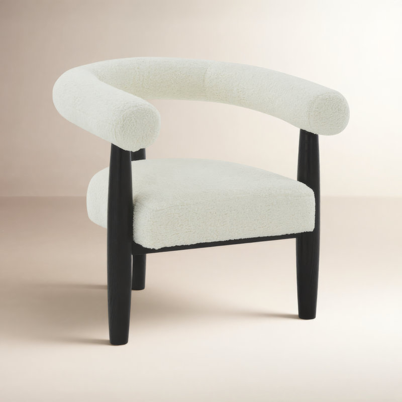 Curved Back Accent Chair, White Chenille, Black