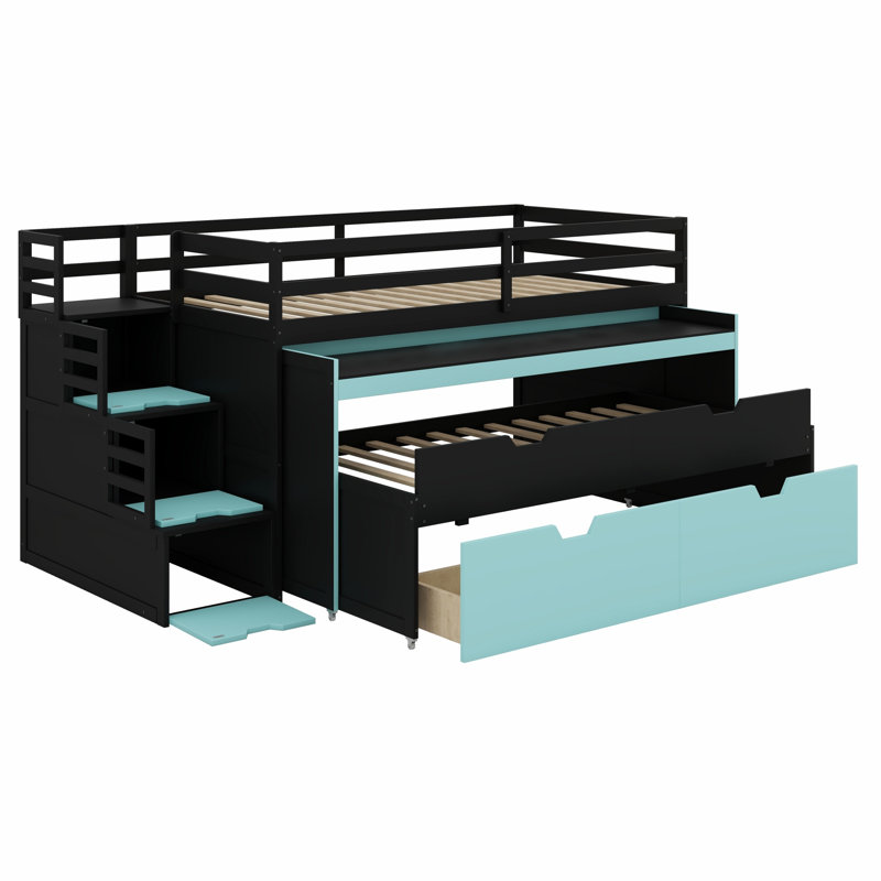 Lit mezzanine fonctionnel avec lit gigogne, bureau coulissant et tiroirs de rangement, Très grand simple, Noir + bleu