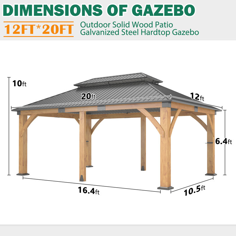 Outdoor Spruce Wood Hardtop Gazebo, Patio Double Roof Galvanized Steel Hardtop Gazebo for Patio, Deck, Backyard, Lawn, and Garden