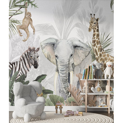 Jungle Animals Kids Wall Mural | Elephant Giraffe Zebra Tropical Wallpaper | Non-Woven or Peel and Stick