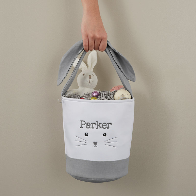 Lovable Bunny Embroidered Grey Easter Basket, Yes