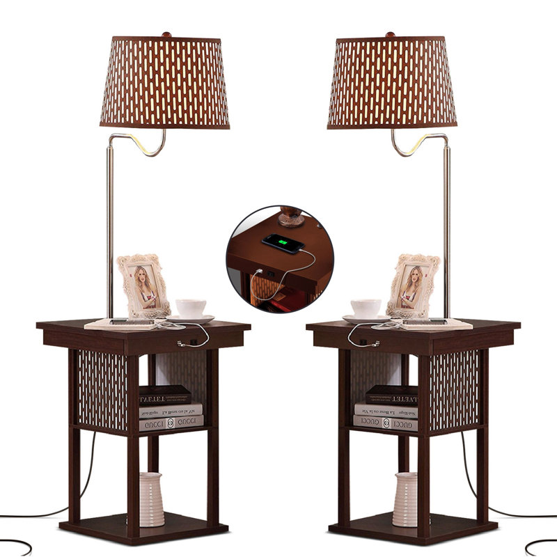 Madison 56 in. Modern LED Bedside Table Lamp with Fabric Drum Shade and Built-In USB Port - Bundle Set of 2, Brown, Brown