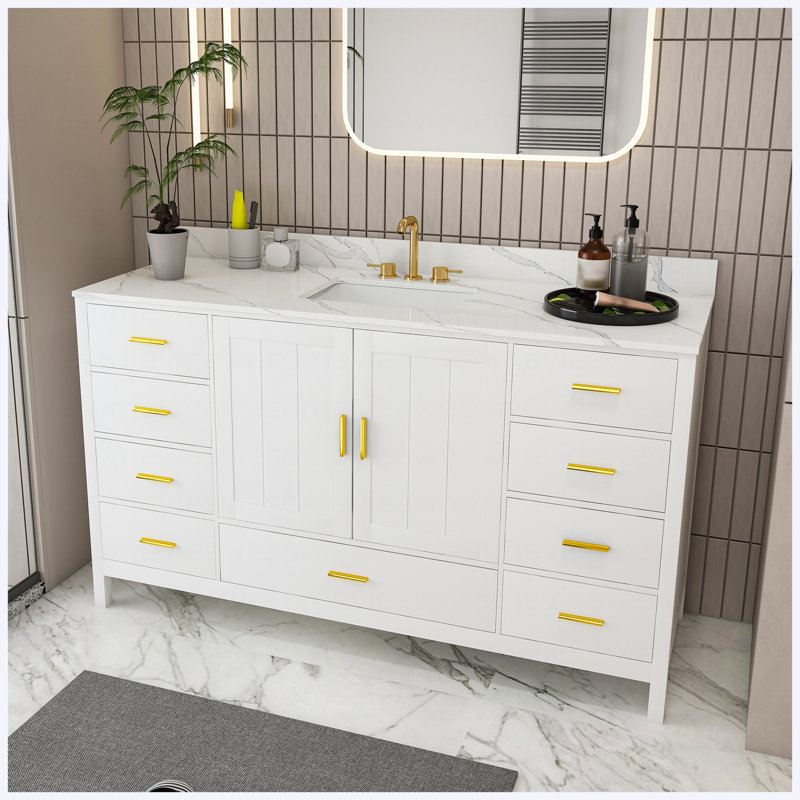 Meuble-lavabo moderne 60 po en bois massif blanc avec lavabo, plateau en quartz blanc Carrara avec 3 trous de robinet, 2 portes doubles à fermeture en douceur, 7 tiroirs et 2 compartiments rabattables
