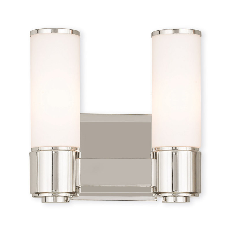 Applique 10 po avec abat-jour en verre blanc pour meuble-lavabo - 2 lumières, Nickel poli